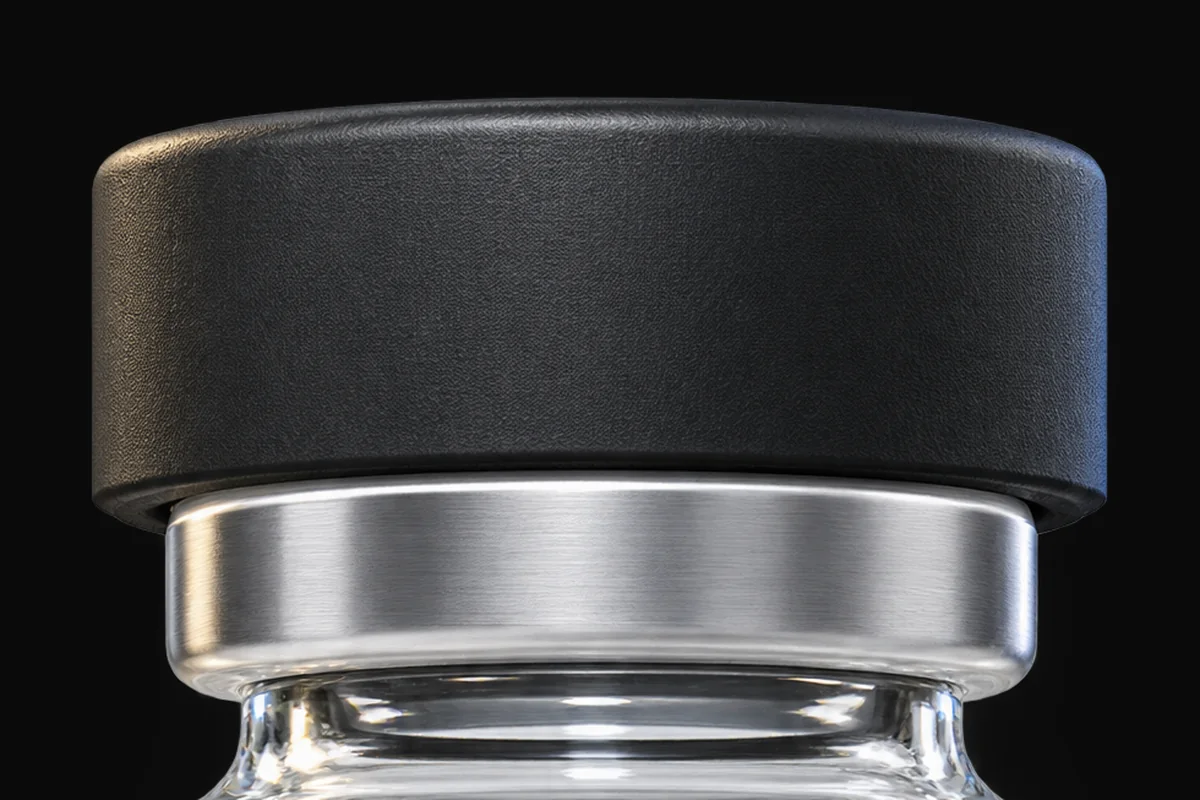 Black flip-off cap and brushed aluminum crimp seal