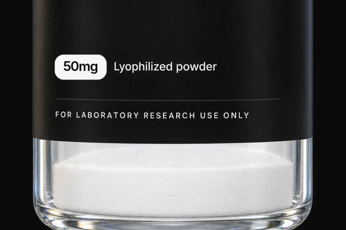 Lyophilized powder cake at the base of a sealed vial
